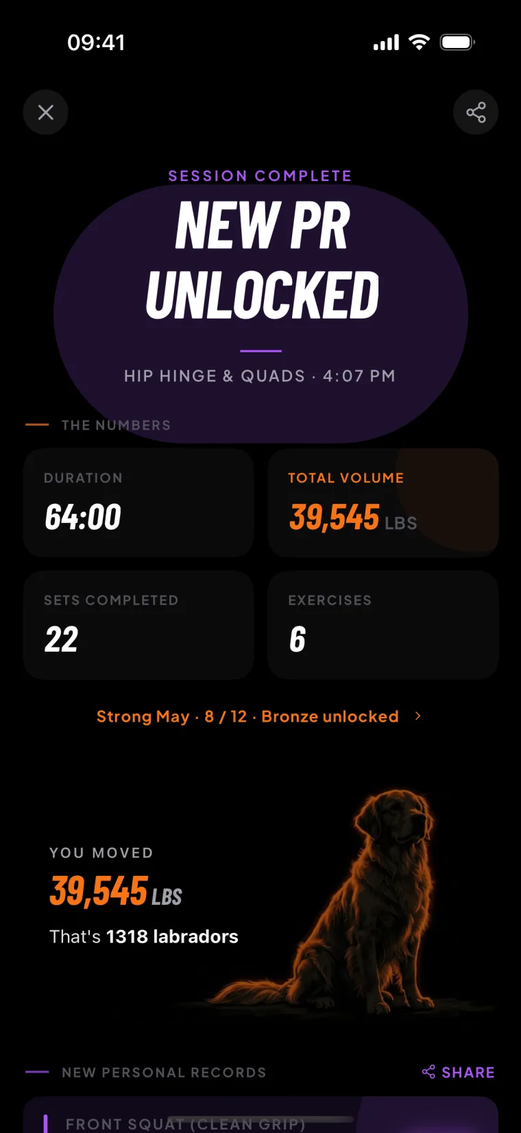 RepStack personal record screen showing every PR captured