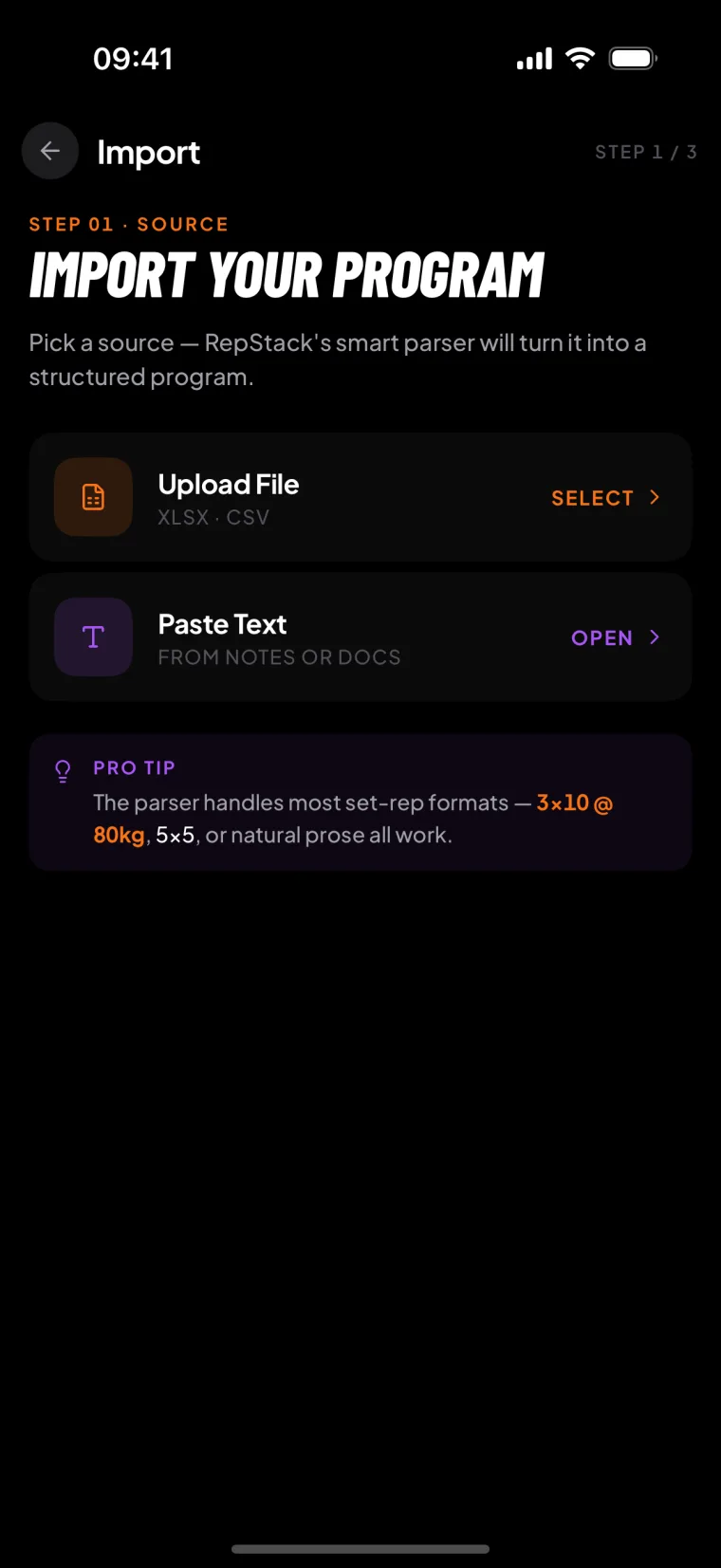 RepStack import screen for workout programs and CSV history