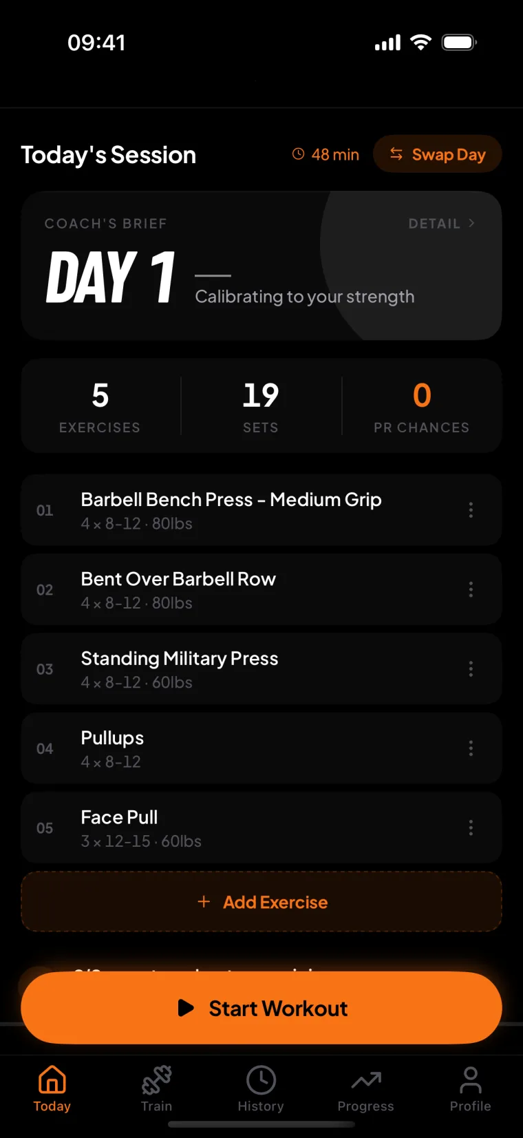 RepStack home screen showing today's workout and exact weight targets