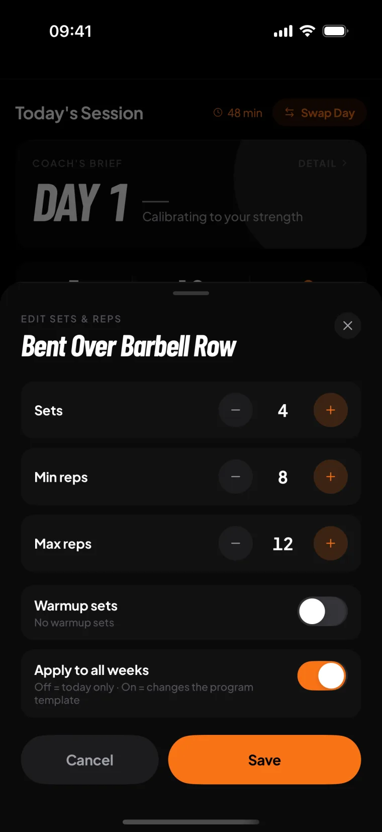 RepStack plan adjustment screen for changing today's workout
