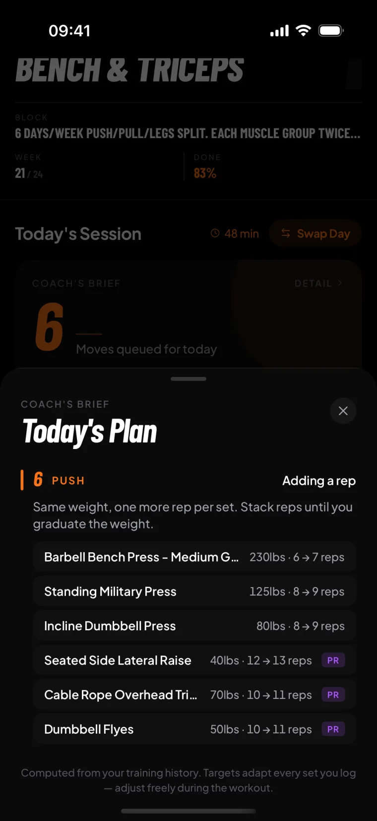 RepStack workout screen with progressive overload recommendations